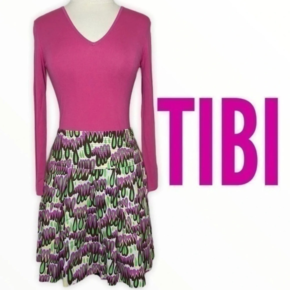 TiBi purple green multicolor abstract print retro a line skirt size 8 - Picture 1 of 8